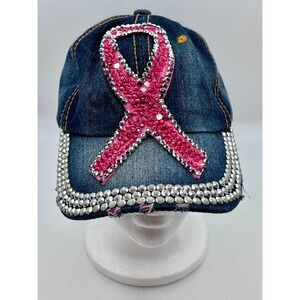 Denim Baseball Cap Rhinestone Pink Breast Cancer Ribbon‎ Adjustable Strap Bling